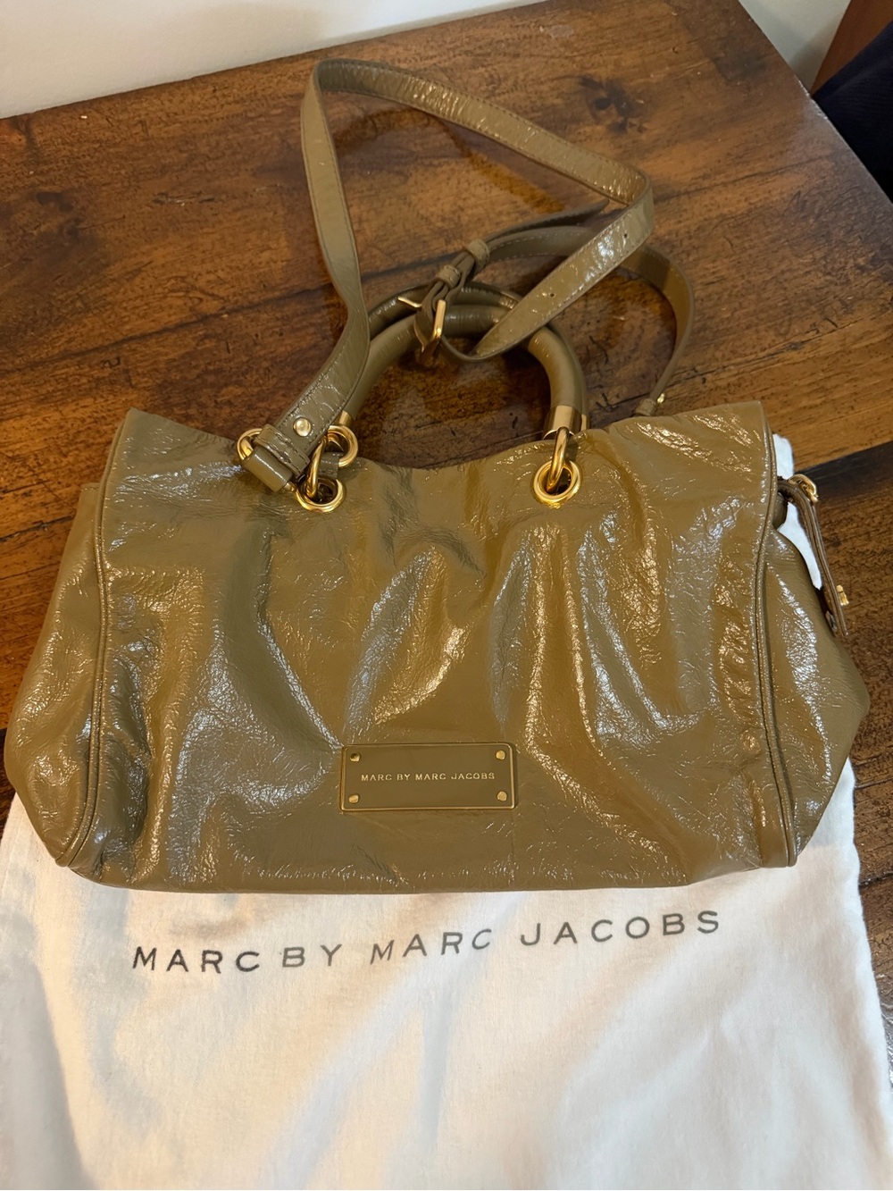 Marc by Marc Jacobs Olive Patent Leather Shoulder Bag with Gold Hardware